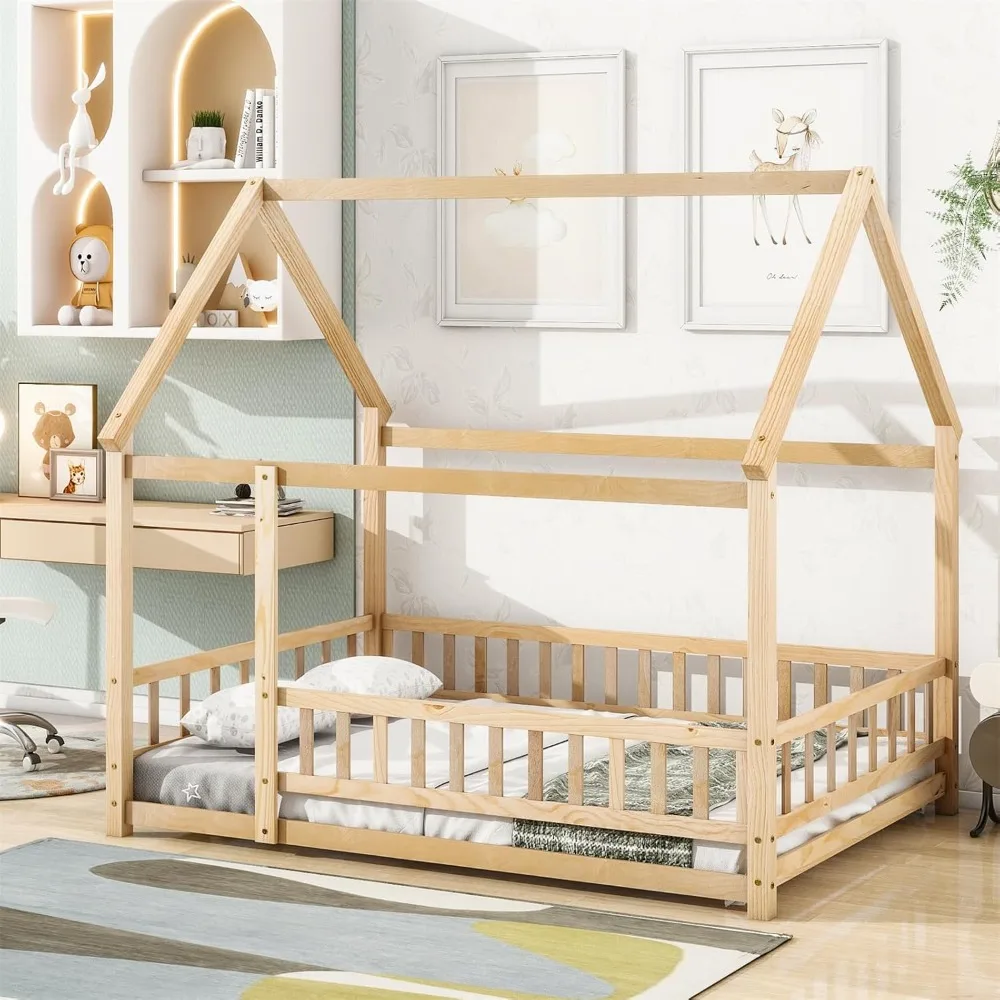 Full Size House Bed with Fence, Wooden Montessori Bed with Roof Design, Floor Bed Frame for Boys Girls Bedroom