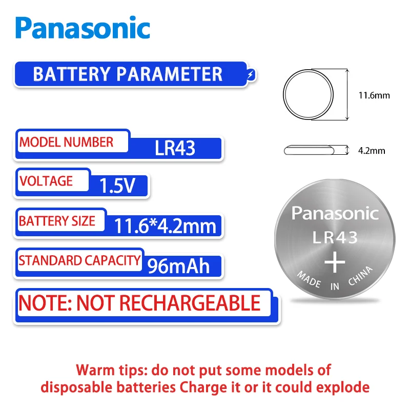 Panasonic-Batería de botón LR43 de 1,5 V para relojes electrónicos, juguetes, controles remotos, calculadora científica, termómetros Casio, 10 Uds.