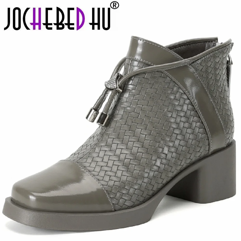 【JOCHEBED HU】Handmade Genuine Leather Retro Mid Heeled Short Boots Autumn New Square Toe Lace Up Women's Shoes 33-40