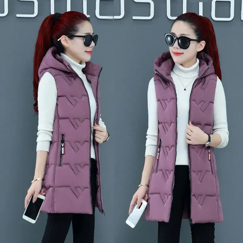 2024New piumino di cotone gilet femminile di media lunghezza giacca da studentessa in piumino di cotone gilet Casual da donna con cappuccio nero L10