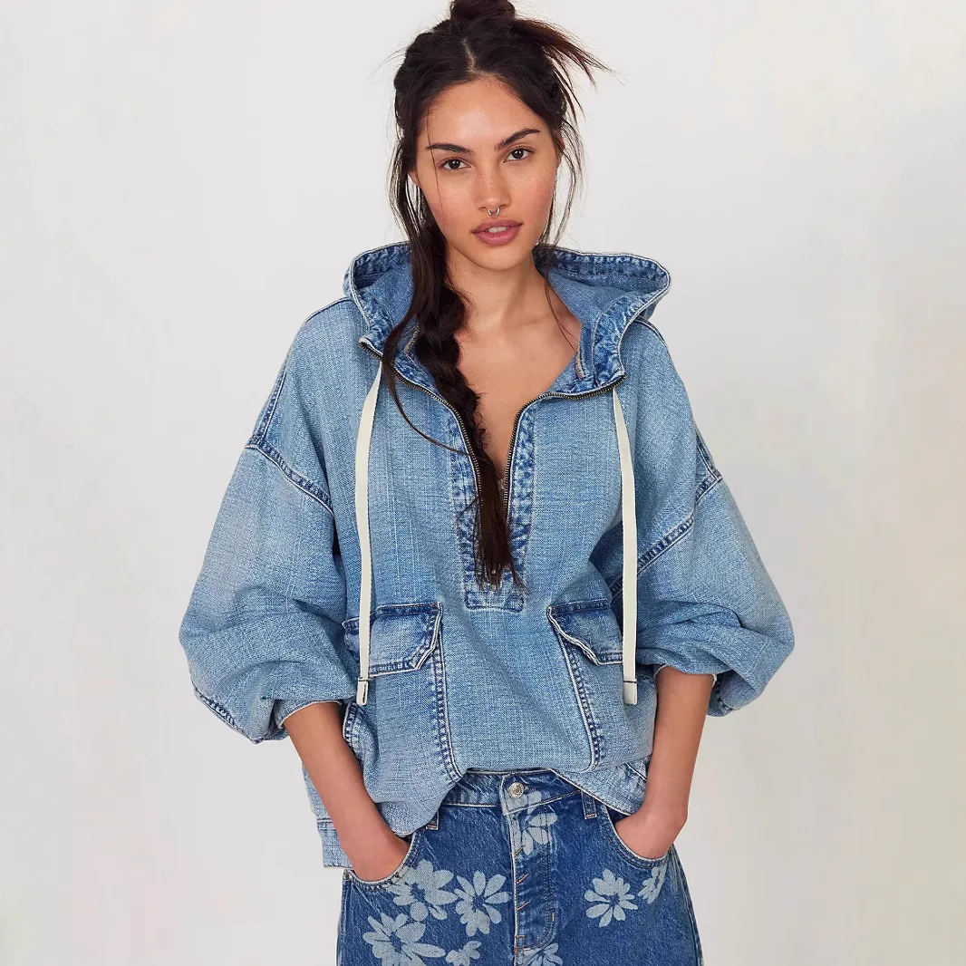 2025 Sudadera con capucha de mezclilla para mujer, jersey de gran tamaño con cuello en V, Top con media cremallera frontal, bolsillos de utilidad, mezcla de algodón, ropa de calle