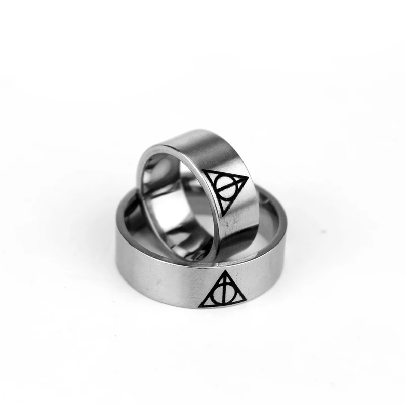 Movie Trendy Silver Color Deathly Hallows Stainless Steel Rings Geometric Circle Triangle Ring for Men Women Jewelry