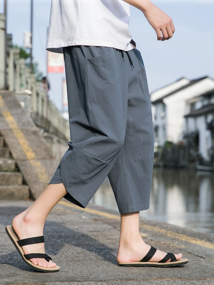 

Oversize Cotton Linen Sports Pants Men's Loose Straight Leg Thin Summer Beach Casual Trousers Youth Active Sle Pure Color