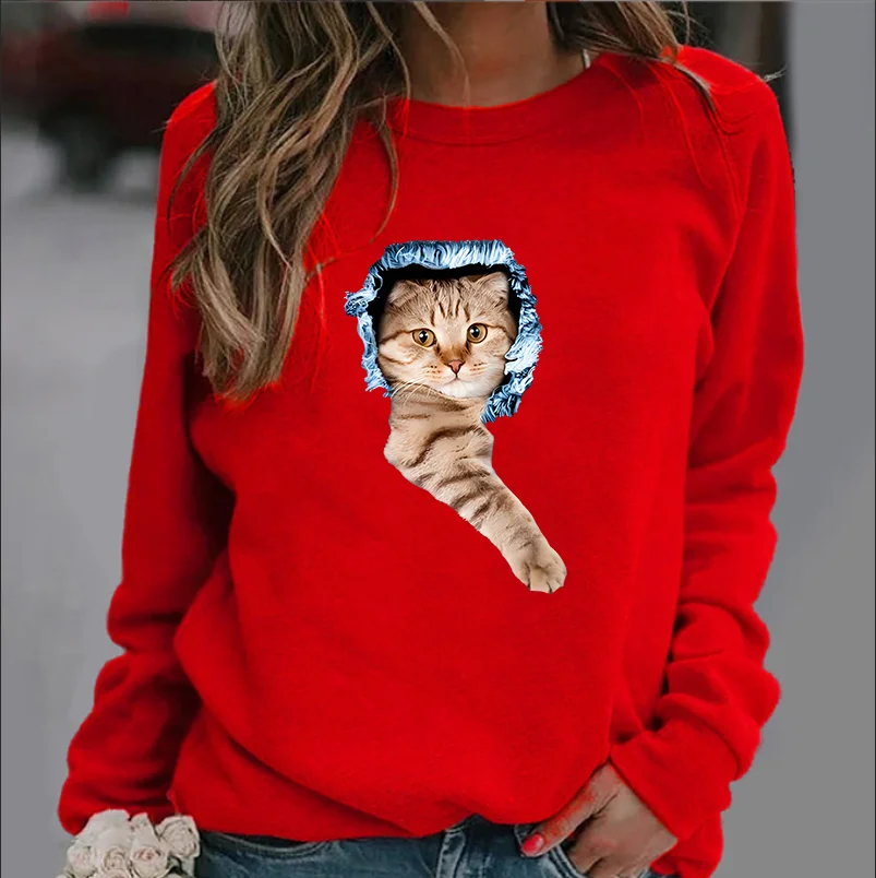 

Christmas Cat New Crew-neck Long-sleeved Pullover Casual Printed Hoodie Streetwear Women Aesthetic Sweatshirt