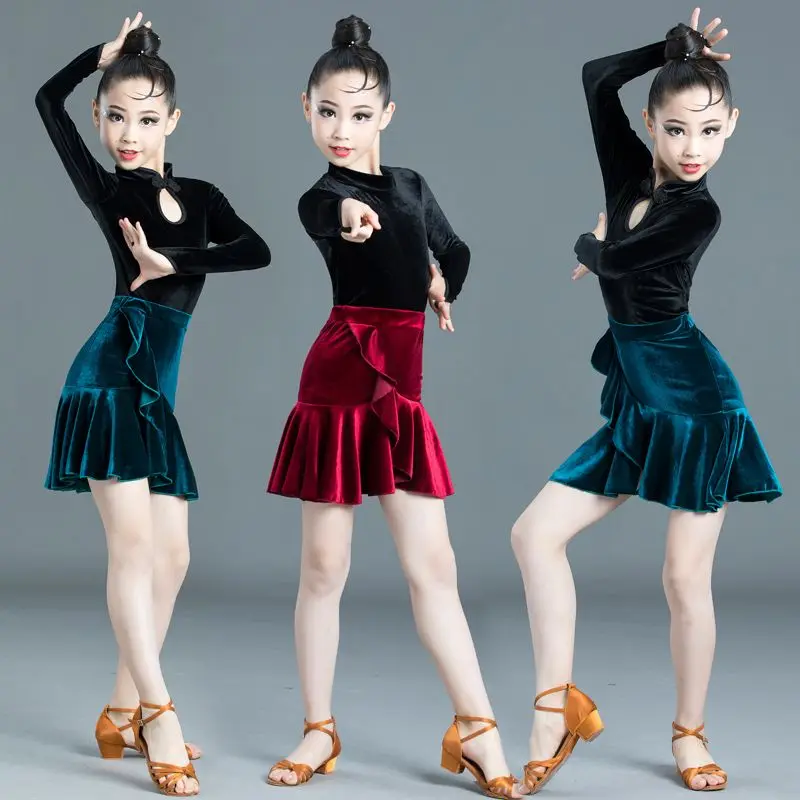 Short Dresses for Prom Latin Dance Suit Dancewear Women Tops +Dance Skirt Stage Costume Dance Outfits Women Long Sleeve Child