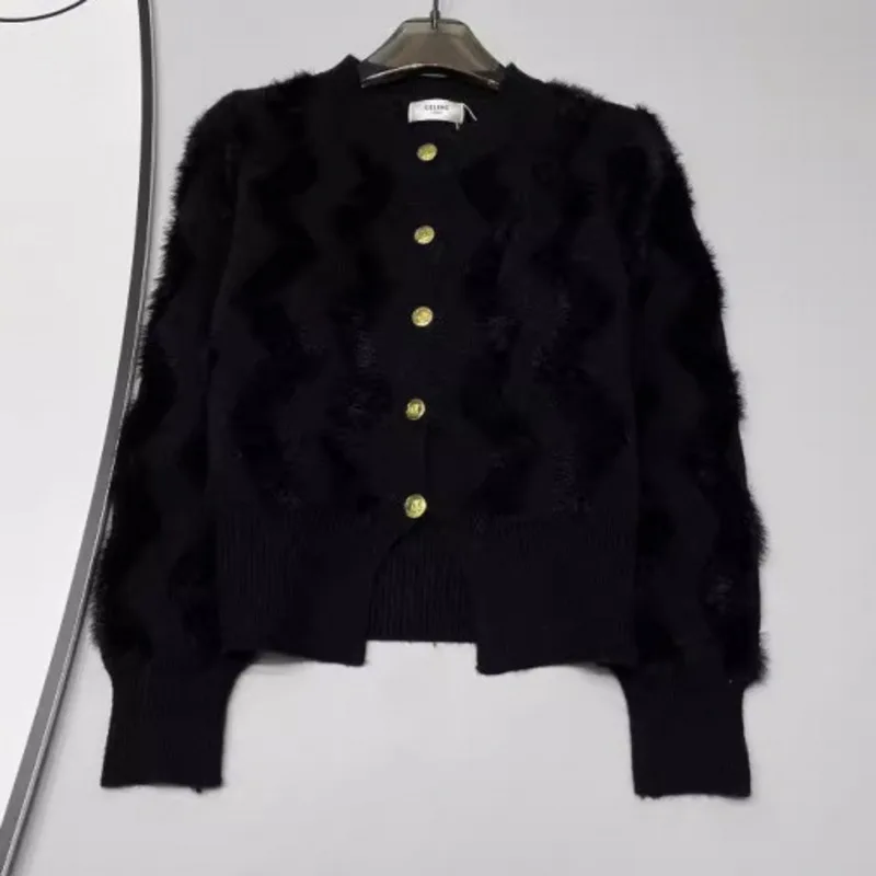 [ZOCI] Mink Fur Sweater Cardigan Black White, Fashionable Versatile