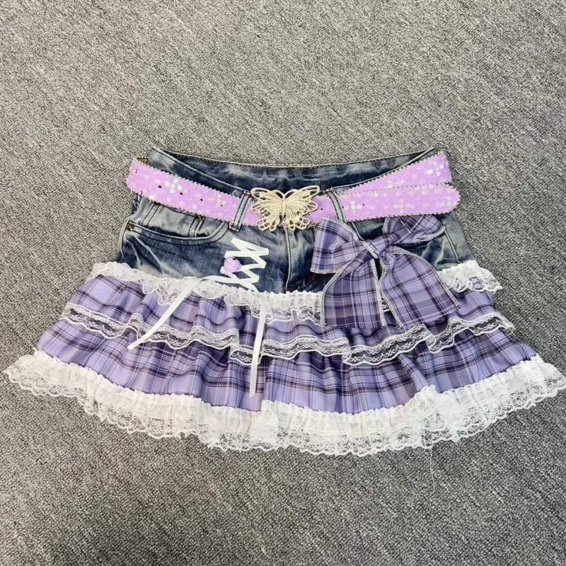 Y2K Vintage Kawaii Summer High Waist Washed Denim Mini Skirt Women Lace Trim Plaid Bow Butterfly Belt Ruched Sexy Party Outfit