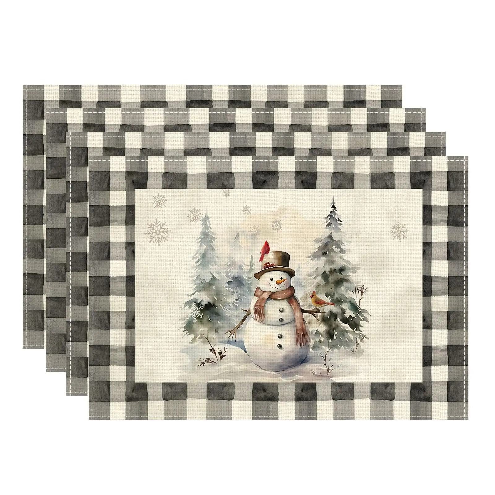 

Watercolor Buffalo Plaid Snowman Snowflakes Christmas Winter Xmas Placemats Table Mats for Home Dining Table Decor 12x18 Inch