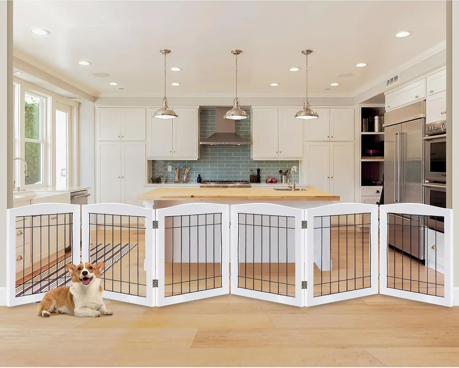 6 Panel Extra Wide Wooden Freestanding Dog Gate Foldable Solid Timber Steel Wire Chew Resistant Safety Barrier Doorway Stair Ope