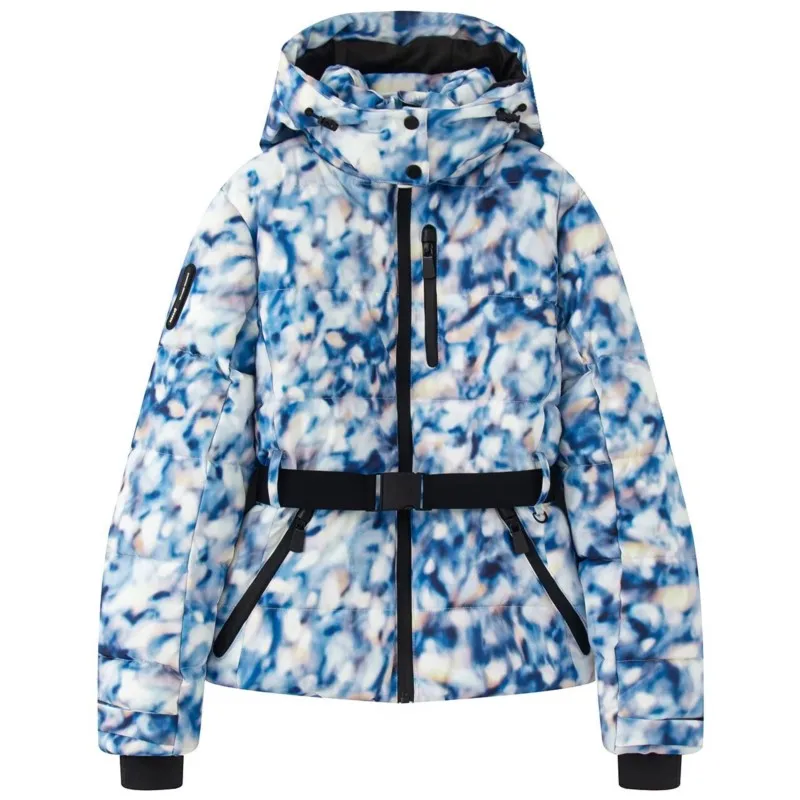 Damski zestaw narciarski 2025: kurtka puchowa z kapturem, wiązana w talii, z efektem tie-dye, uniwersalna, ocieplana odzież wierzchnia idealna do jazdy narciarstwa i na co dzień.