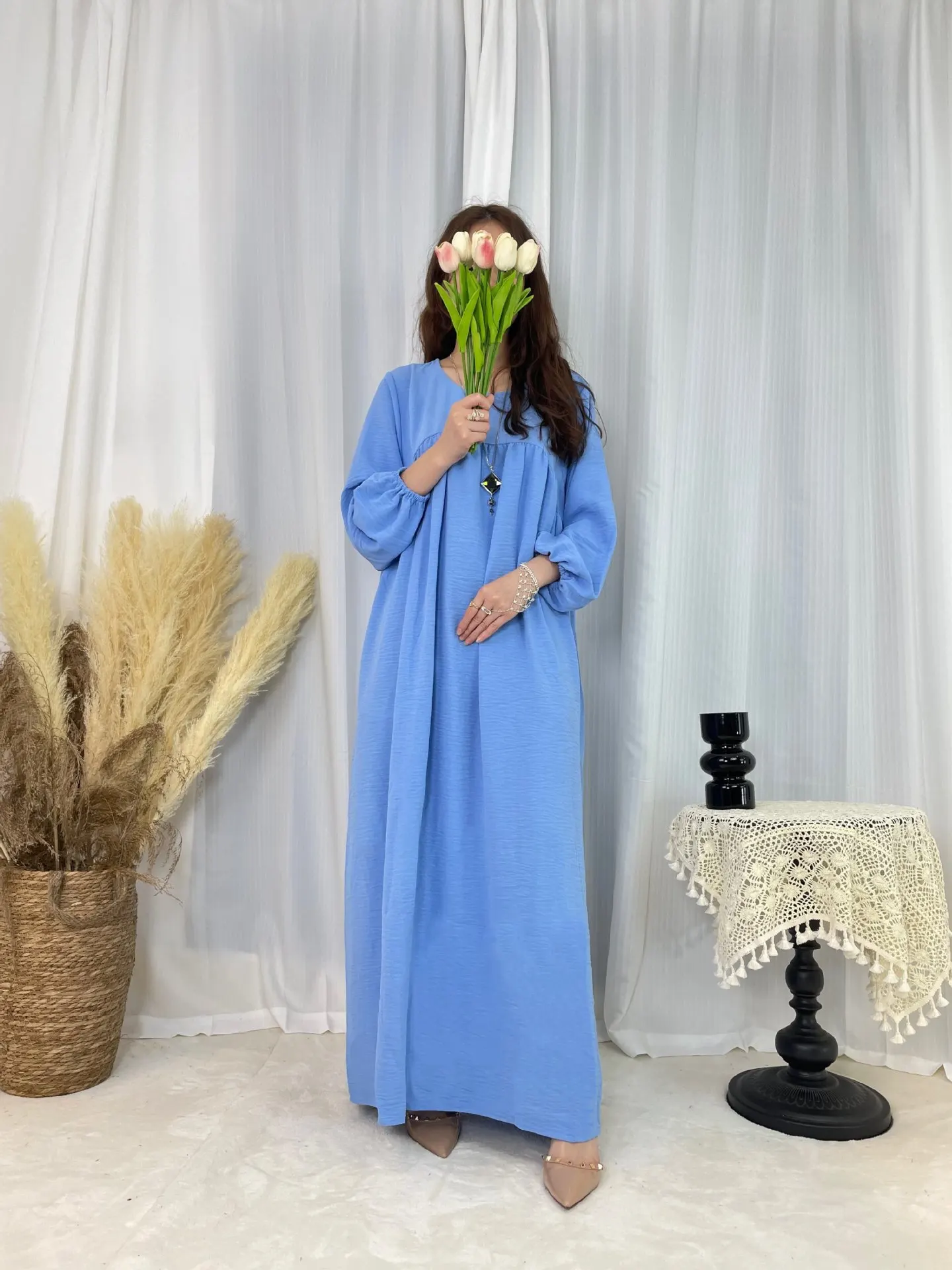 Women Eid Muslim Abaya O Neck Full Length Morocco Solid Abayas Dubai Kaftan Long Robe Modest Ramadan Jalabiya Loose Casual