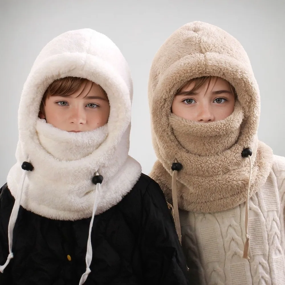 

Soft Solid Color Balaclava Hat Hood Thermal Children Windproof Cap Drawstring Scarf Ski Mask Hat Hiking