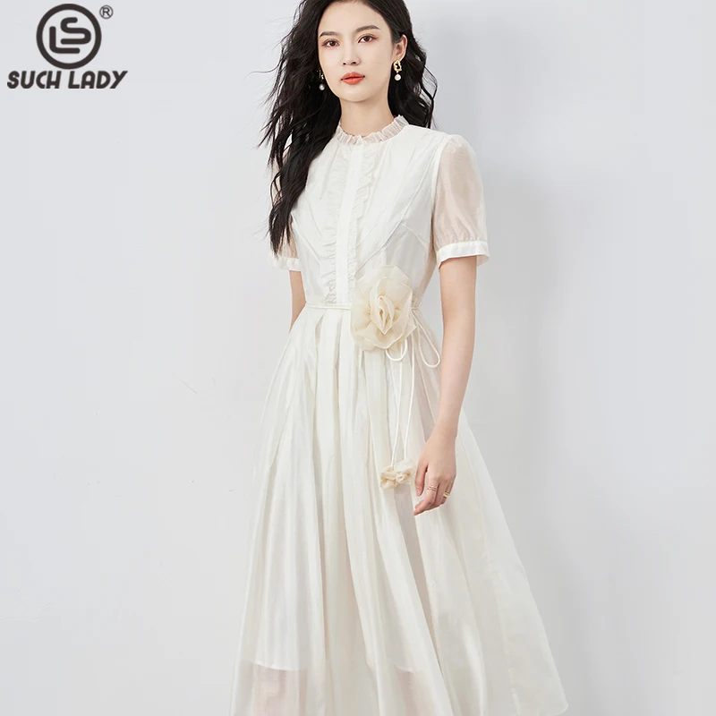 

Women's Runway Dresses Ruffled Collar Short Sleeves Ruffles Appliques Sash Belt Fashion Casual Designer Vestidos