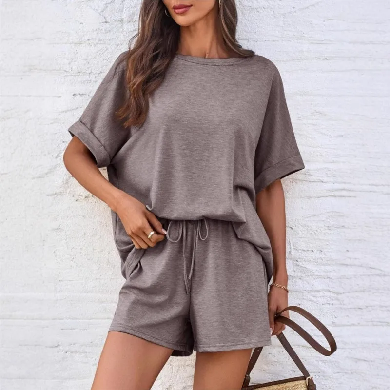 

2026 Round Neck Half-sleeved Casual Pullover Top With Drawstring Loose Shorts 2-piece Set Women's Beach Resort Style Sports Suit