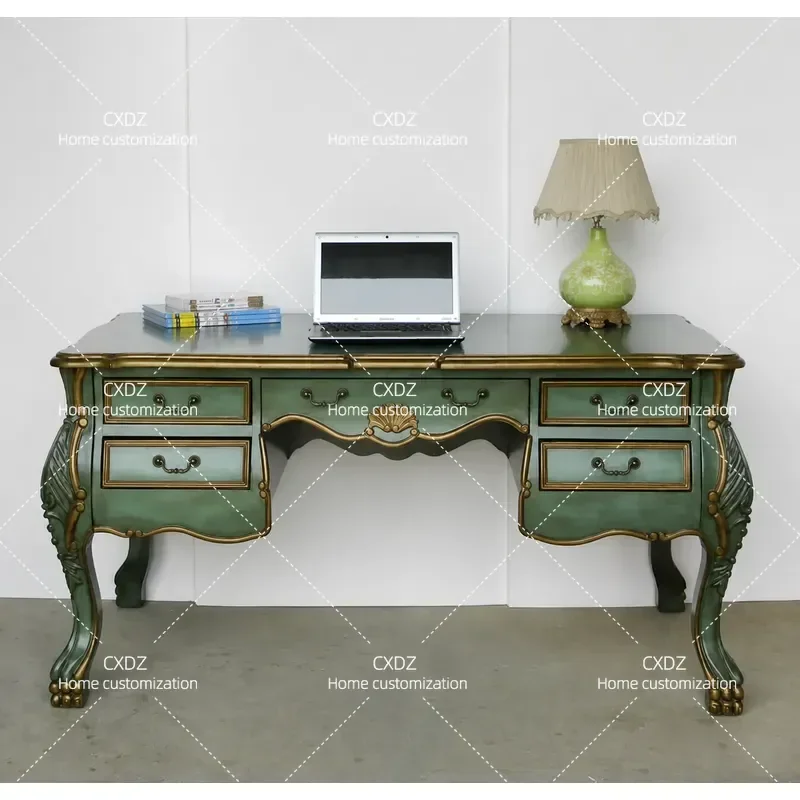Mediterranean Antique Painted Country Desk Vintage Laptop Writing Table Rustic Home Office Furniture