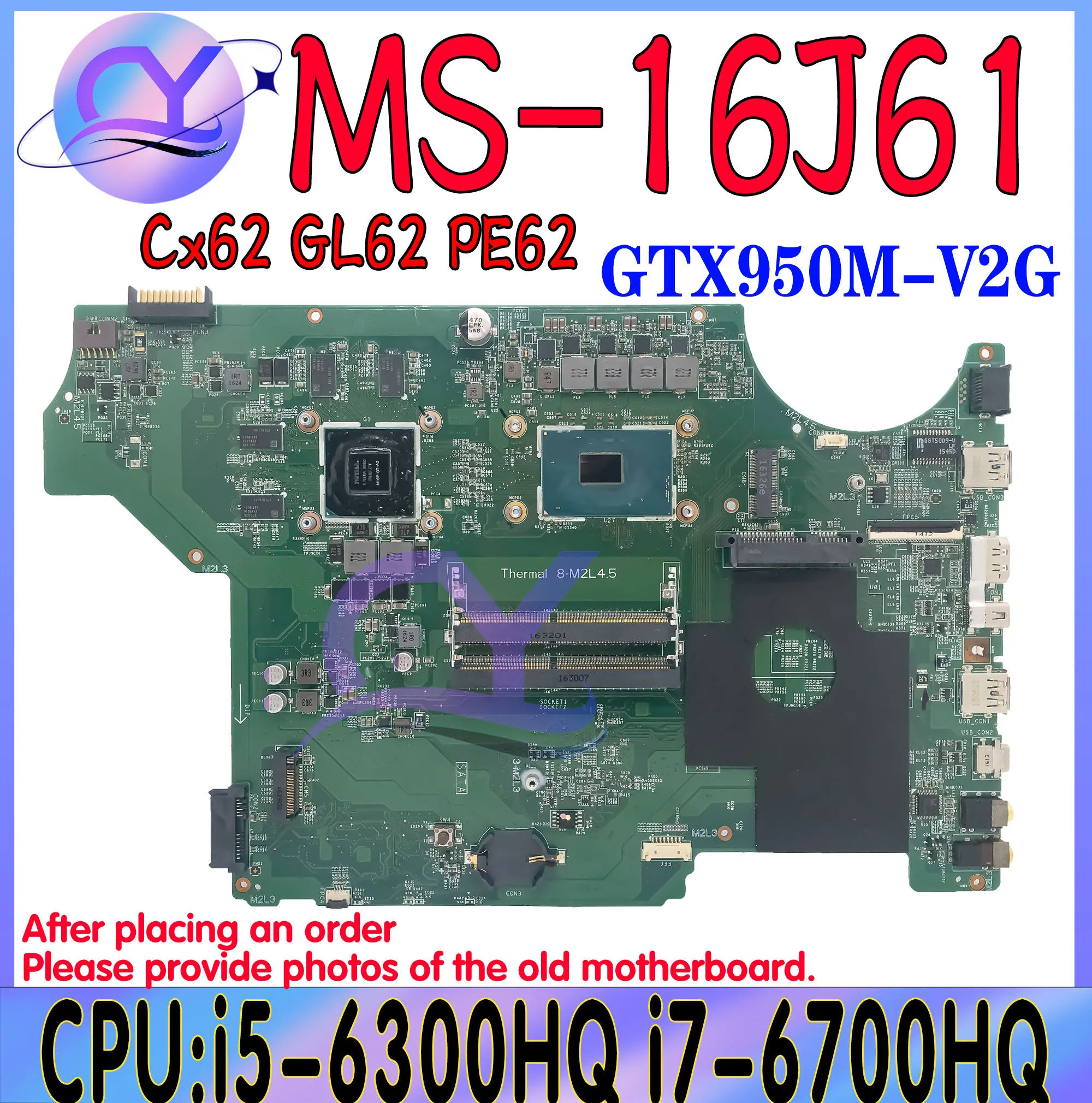 MSI MS-16J6 GP62 GP72 MS-1796 노트북 마더보드용 MS-16J61 메인보드, i5 i7-6th Gen GTX950M/V2G DDR4 100% 테스트 잘