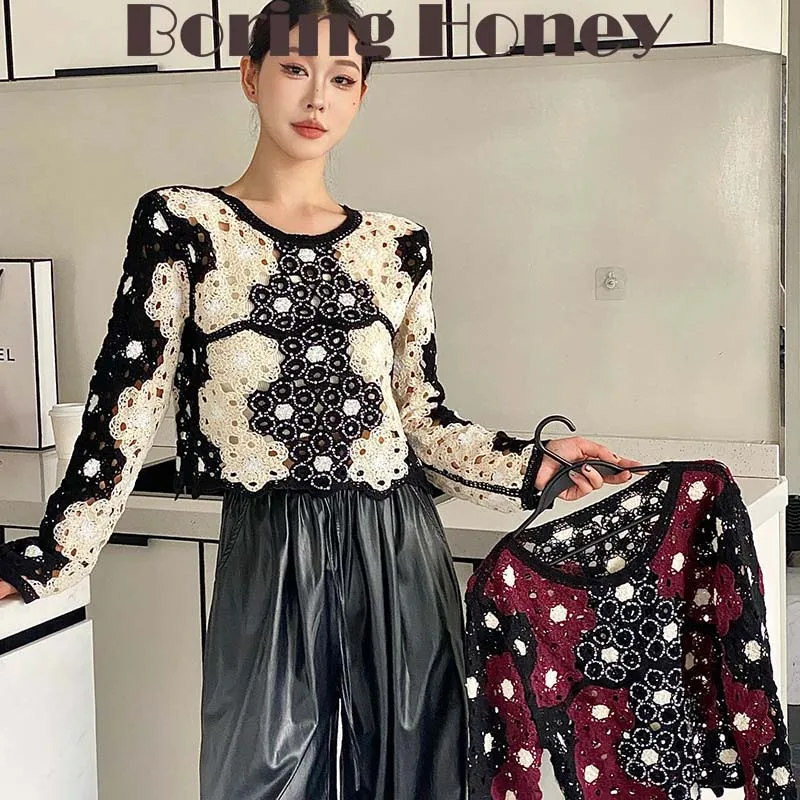 Boring Honey Hollow Out Crochet Beaded Thin Sweater Women Autumn New Spice Girl Niche Design Top Fashion All-Match T-Shirt Women