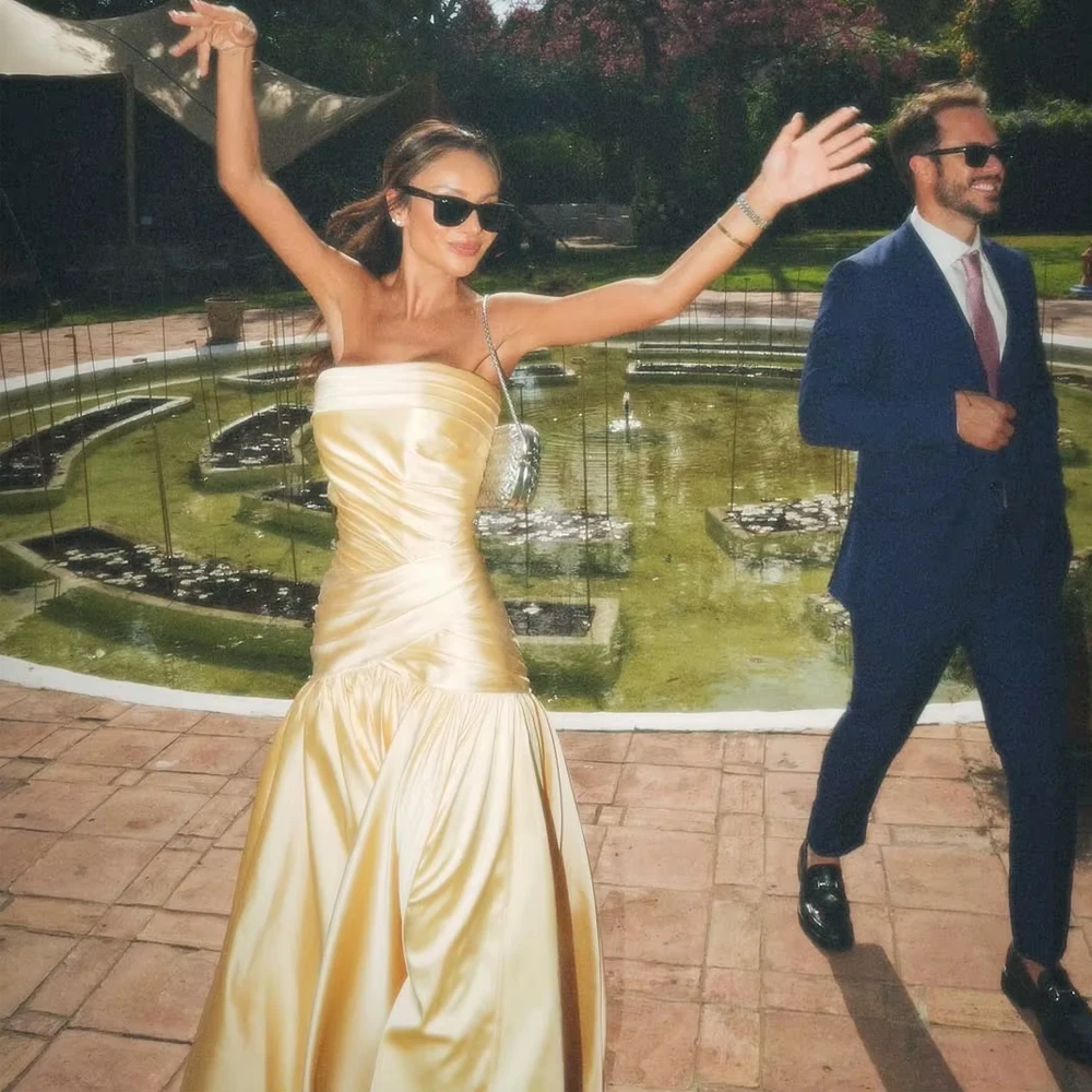 Customized Yellow Satin Evening Dress Strapless A Line Formal Occasion Dress Elegant Saudi Arabia Prom Gowns