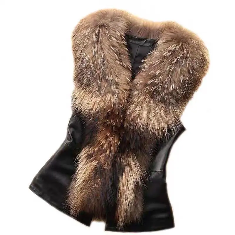 

Autumn and Winter Women's Clothing Faux Fur Collar Leather Vest Short Slim-fit Faux Fur Vest Casual and Versatile XT1789