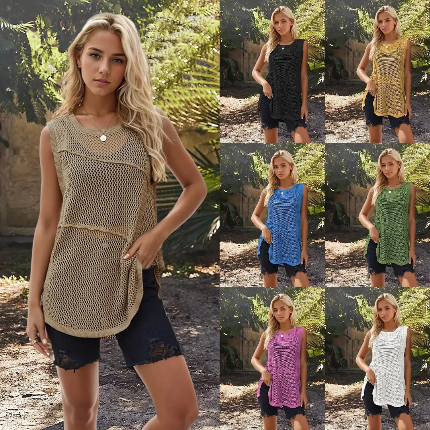 2024 Summer Cross border New Fashion Slips Women's Round Neck Hollow Tank Top Women's Knitwear Top