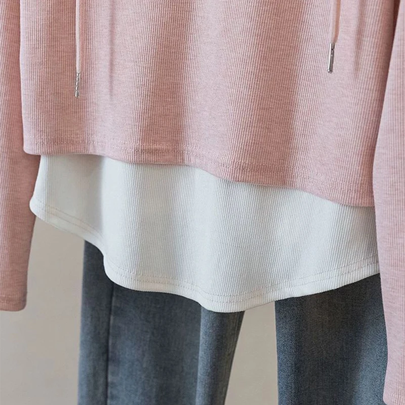 Spring Irregular Hem Women Long Sleeve Hooded T Shirt Fake Two Piece Korean Fashion All-match 2xl Oversized Pullover Black Khaki