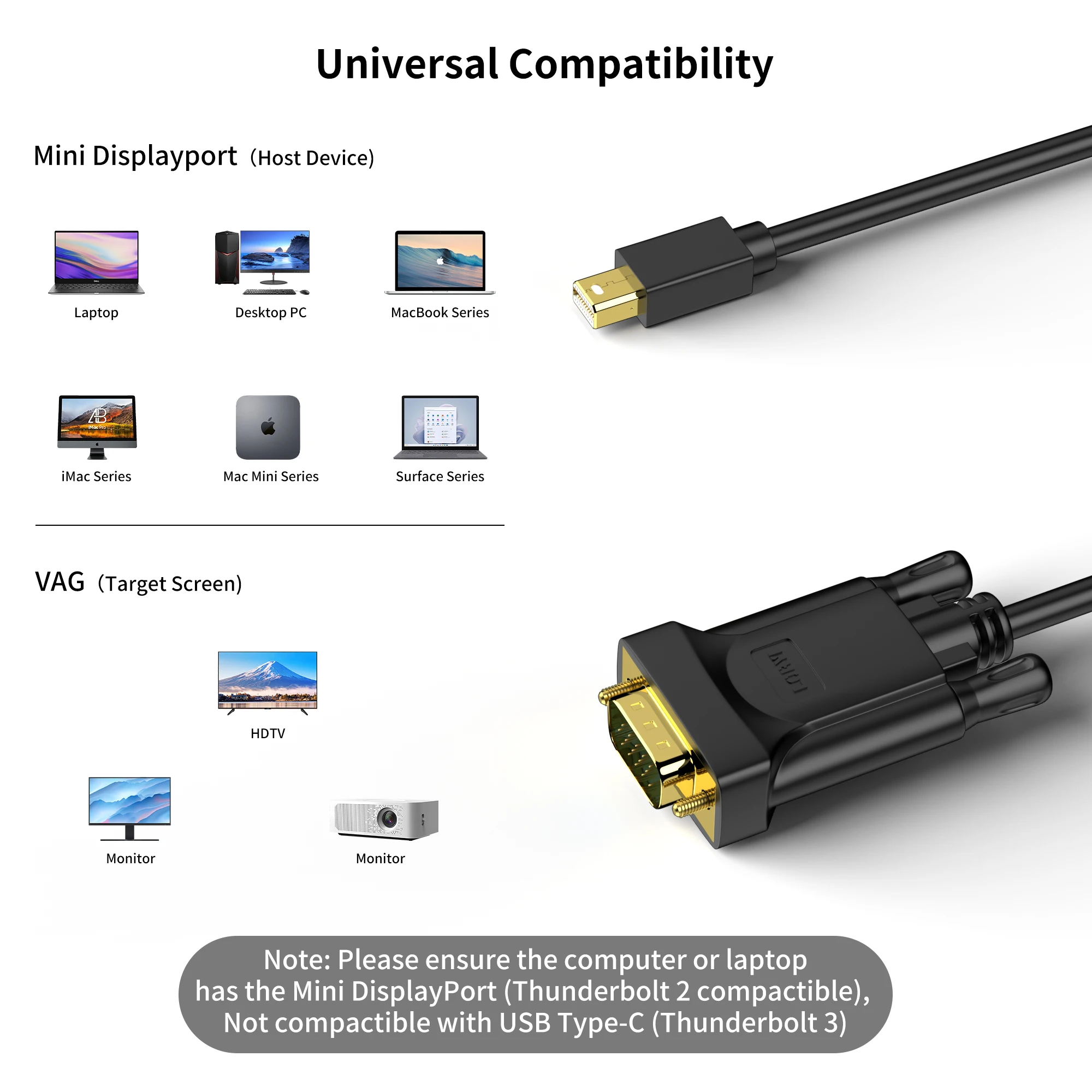 LORYI Mini Displayport To VGA Cable 6Ft 1080P 60Hz MDP TO VGA Adapter For Monitor MacBook Pro MacBook Air Surface Pro 4 Pro 3