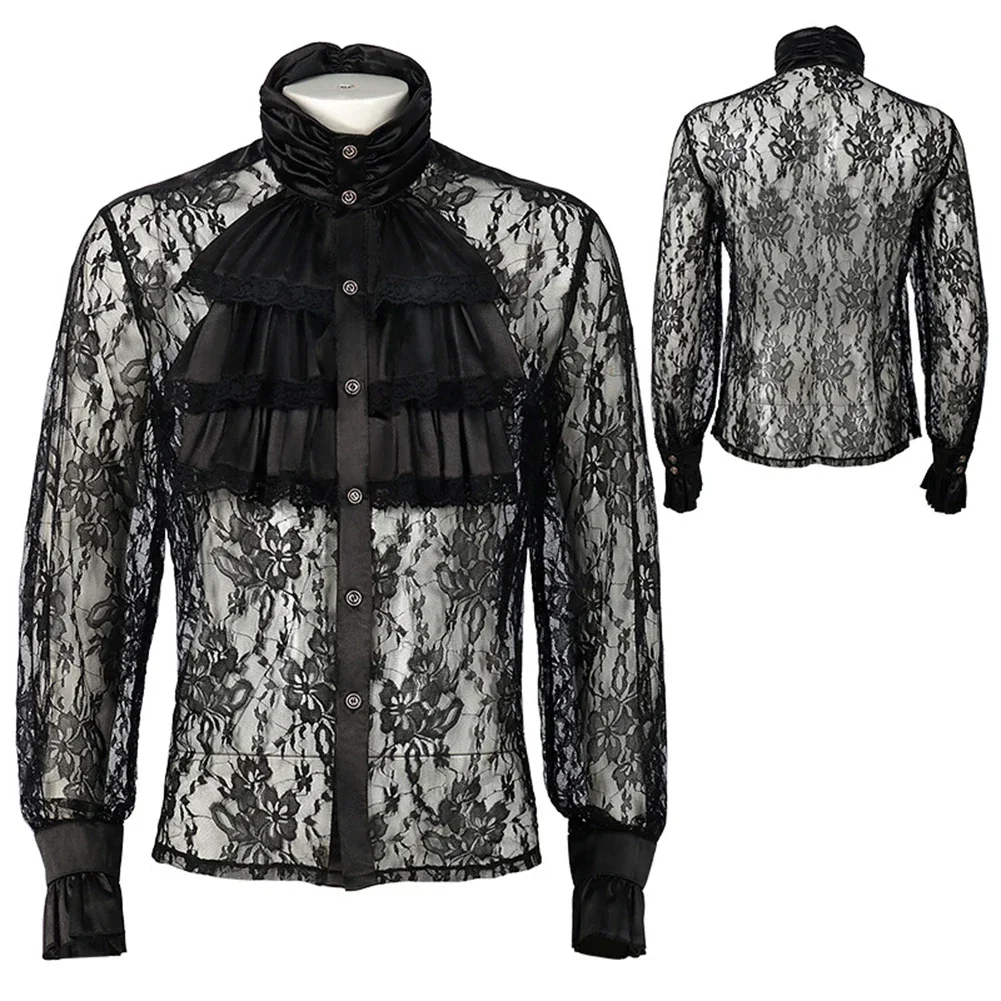 Men\'s Lace Floral Vintage Shirts And Blouses Solid Black Gothic Long Puff Sleeves Victorian Medieval Ruffle Collar Shirt Tops