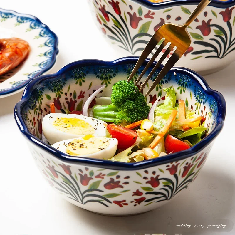 Ceramic Soup Bowls Retro Bakeware Hand-Painted Kitchen Tableware Salad Dessert Steak Pasta Plate Household Fruit Tray Decoration