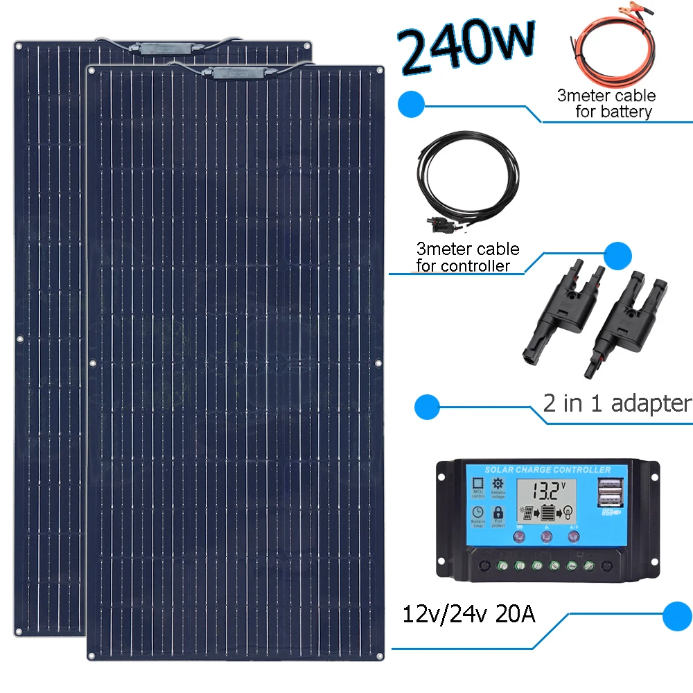 Zonnepaneel 240w 120w 200w 100w Flexibele 12V Batterijlader voor thuis camper jacht RV Mono Zonnecel EU magazijn DHL verzending