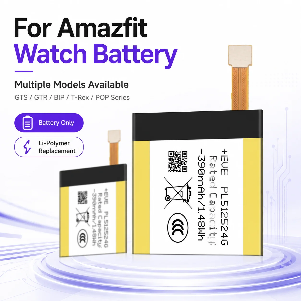 Rechargeable Li-Polymer Watch Battery for Huami Amazfit GTS GTR POP BIP T-Rex Stratos Ares Replacement Repair Parts