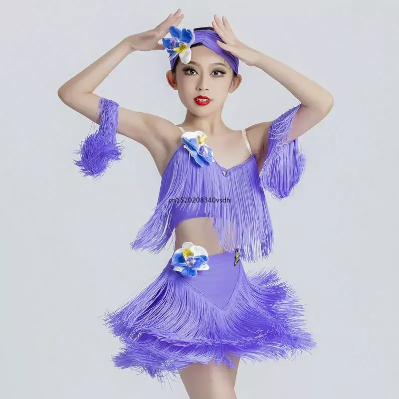 Abito da ballo latino con frange vestiti da ballo latino per ragazze concorso per bambini Costume da Salsa bambino Cha Cha Rumba abiti da ballo per Tango