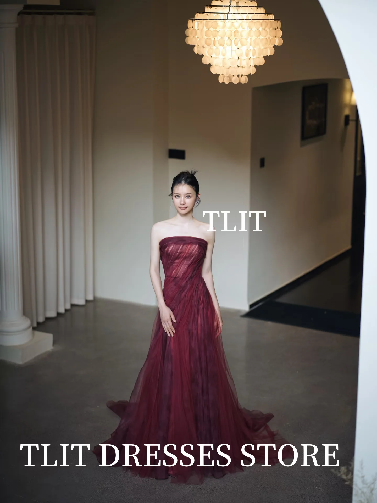 TLIT ง่ายไวน์แดง Tulle ชุดราตรีที่กําหนดเอง เกาหลีชุดแต่งงานถ่ายภาพ Strapless Sweep Train Gowns