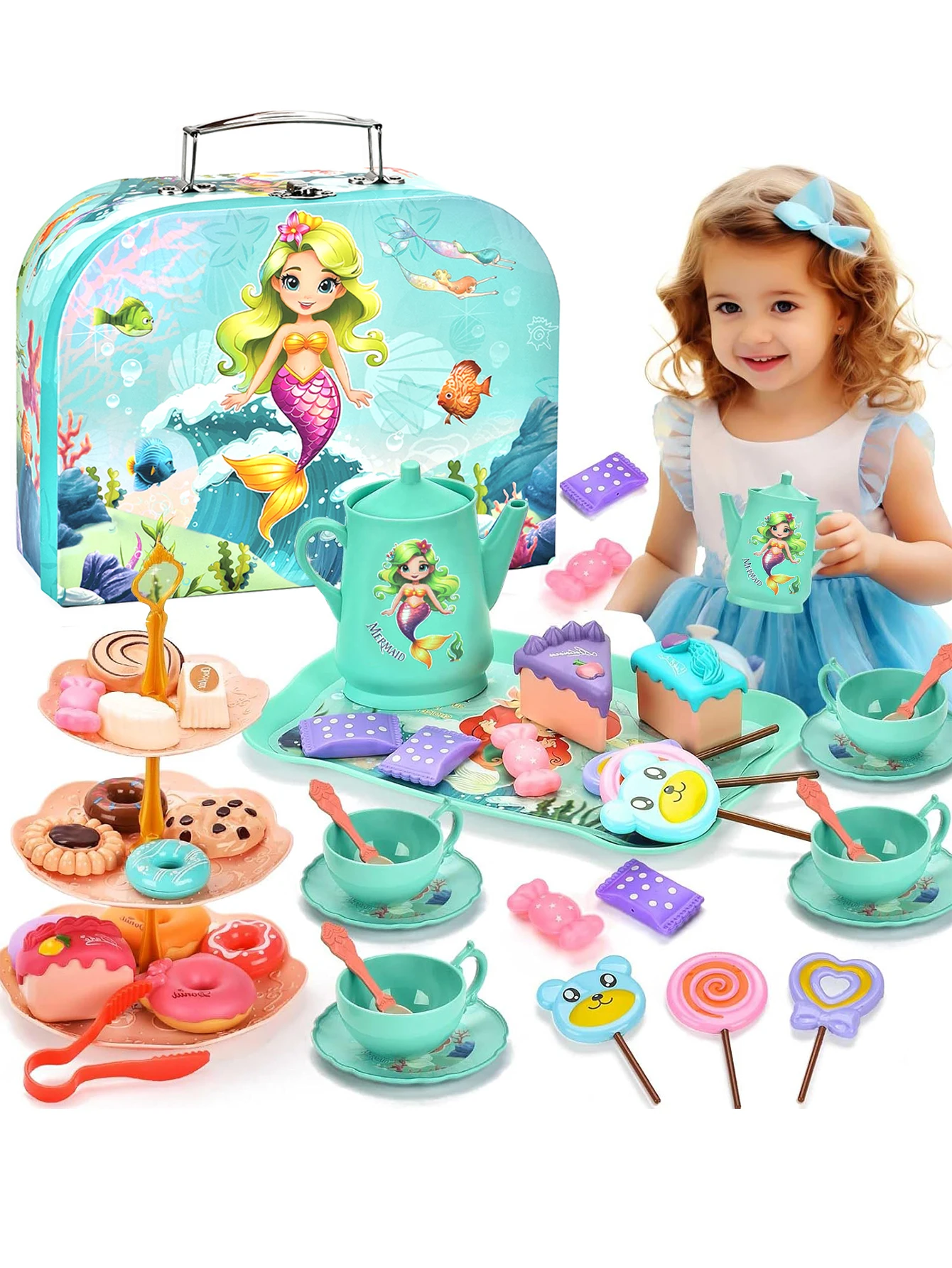 Juego de té de la tarde para niñas, juguete de té de la tarde de princesa sirena, juguetes de vestir para fiesta de té, caja de regalo portátil de pastel de postre simulado