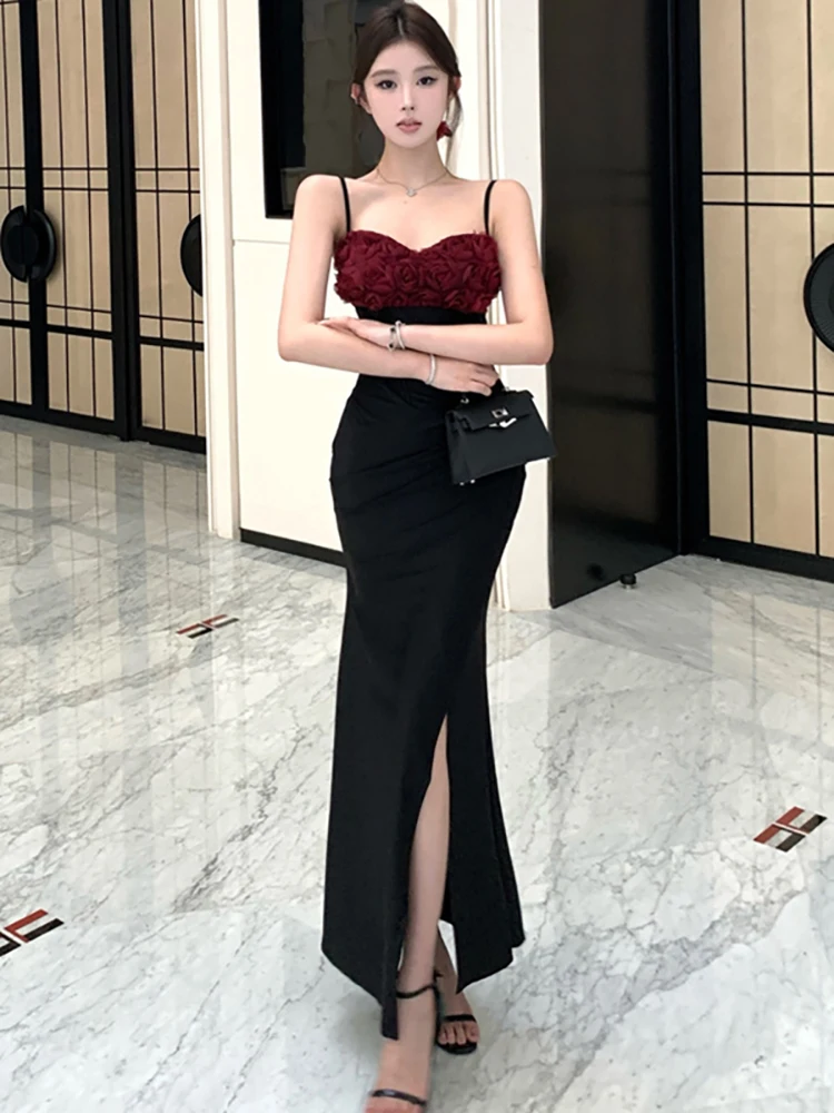 

Летнее черное лоскутное красное шикарное сексуальное длинное платье на бретельках с цветочным принтом, женское винтажное роскошное платье 2025, корейское элегантное облегающее платье