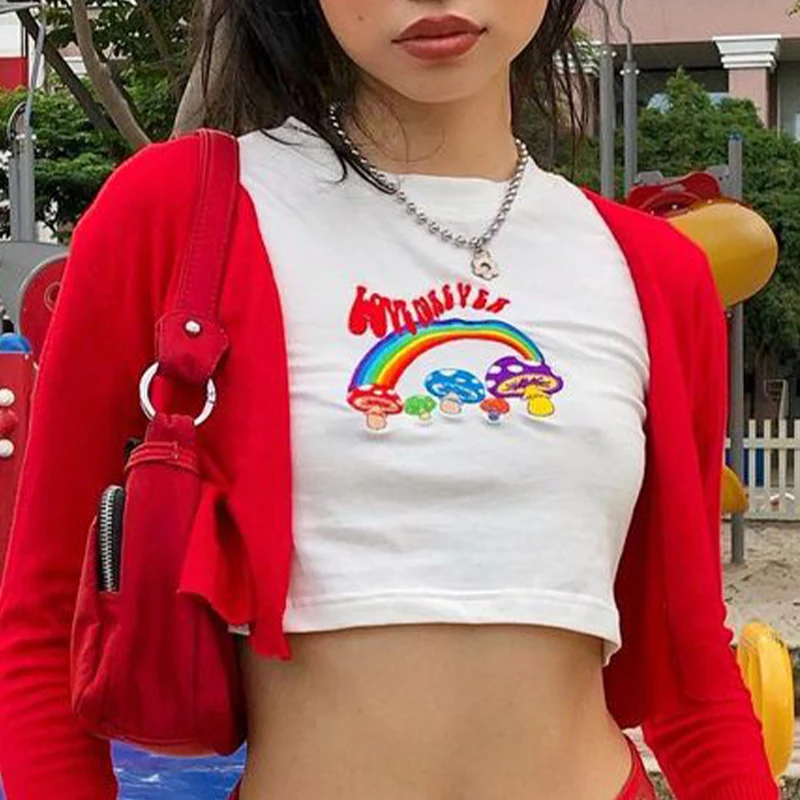 Women T-Shirt Y2k Crop Tops Tee Rainbow Print Cute Summer Korean Fashion Harajuku Streetwear Short Sleeve Aesthetic Clothes