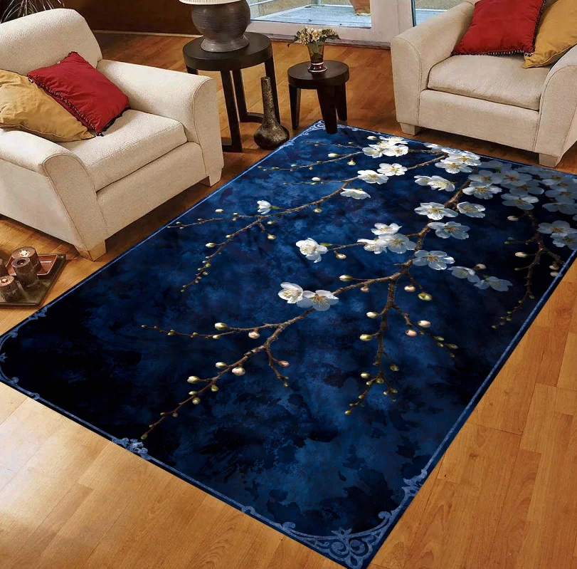 Midnight Sakura Area Rug Navy Blue Cherry Blossom Carpet, Machine-Washable Non-Slip Mats