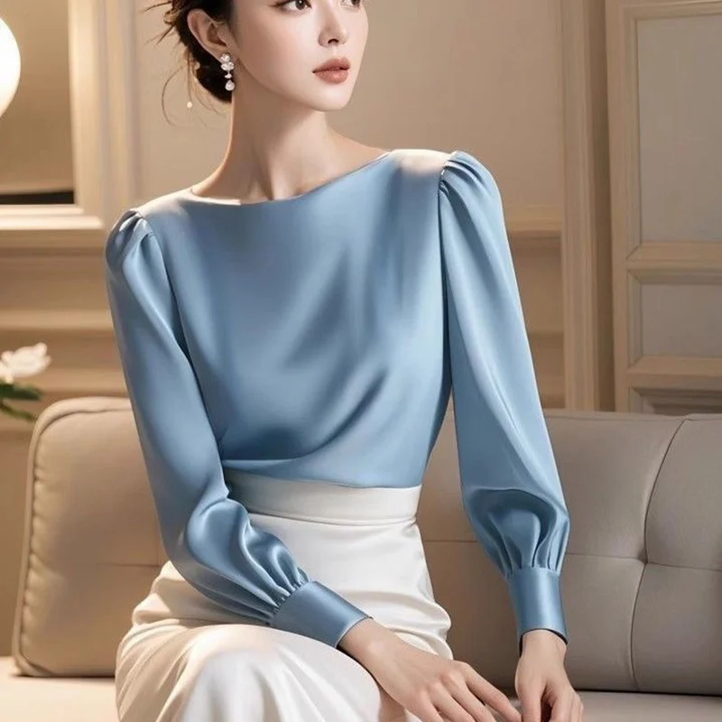 Primavera Autunno Semplicità Elegante Pieghettato Slash Neck Camicie a maniche lunghe Donna Temperamento Tinta unita Camicie in raso Donna Top Tee