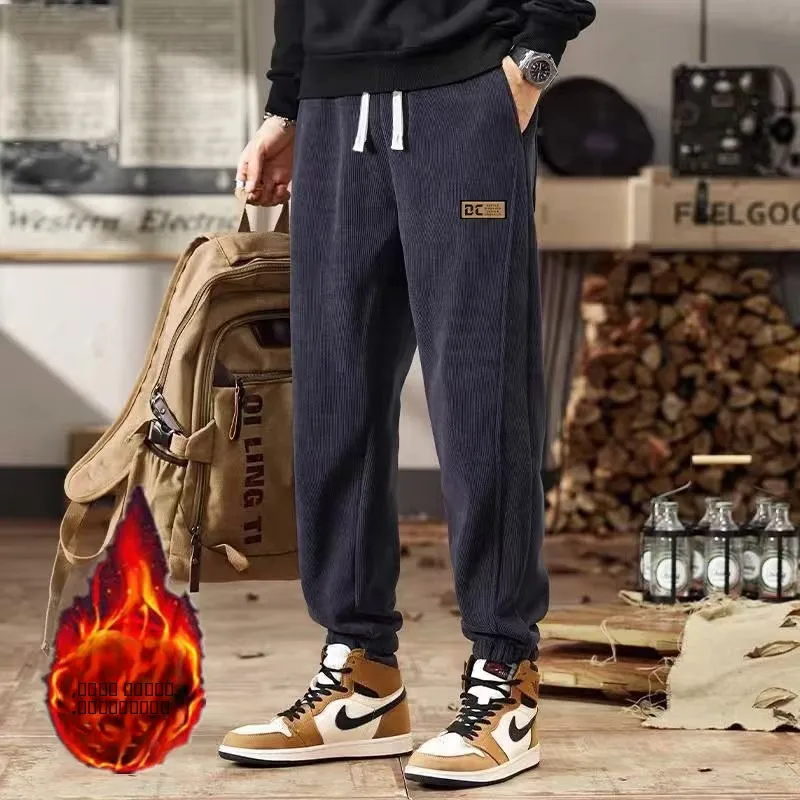 

Вельветовые спортивные брюки на флисовой подкладке, свободного кроя, с эластичным поясом, повседневные брюки, мужская осенняя одежда, полиэстер