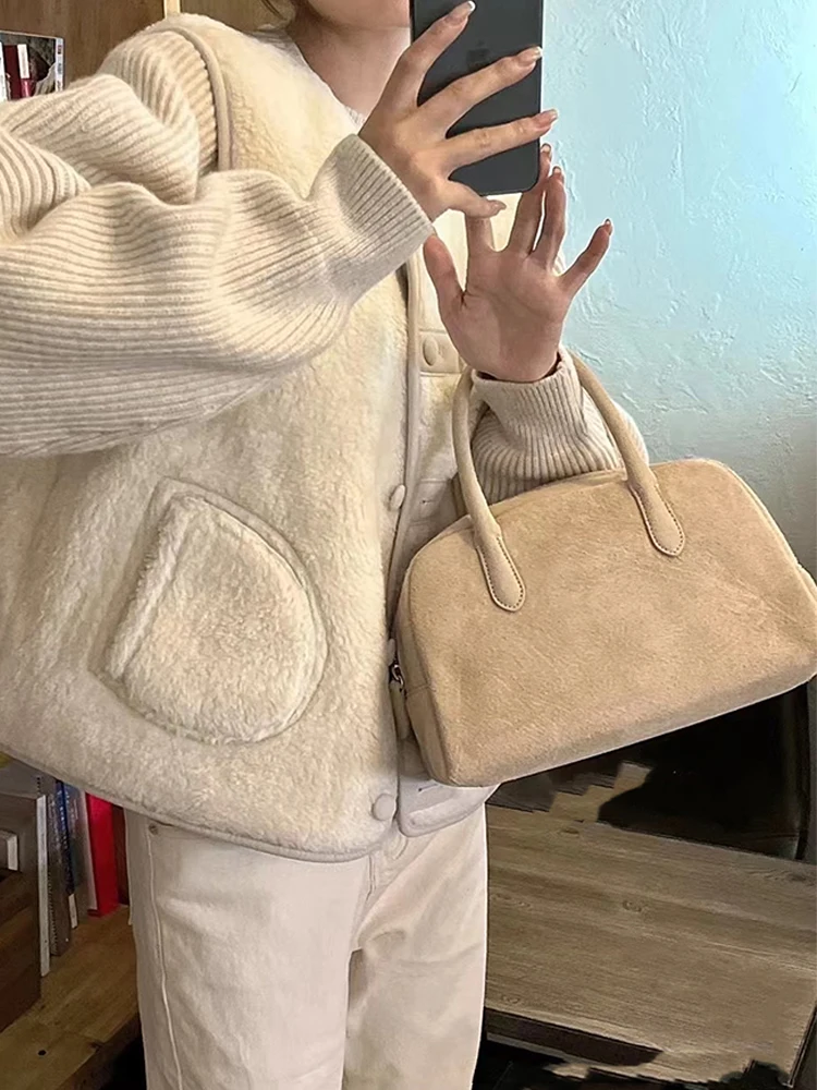 MABULA Genuine Suede Leather Top Handle Purse For Women Luxury Design Vintage Boston Handbag Fashion Bohemian Lady Phone Bag