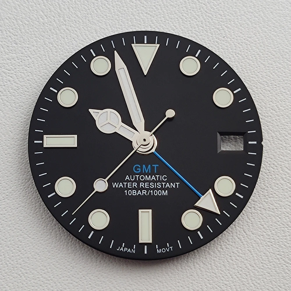 28,5 мм циферблат NH34 стрелки GMT четыре стрелки зеленый светящийся циферблат для часов NH34 модифицированный механизм запасные части для часов