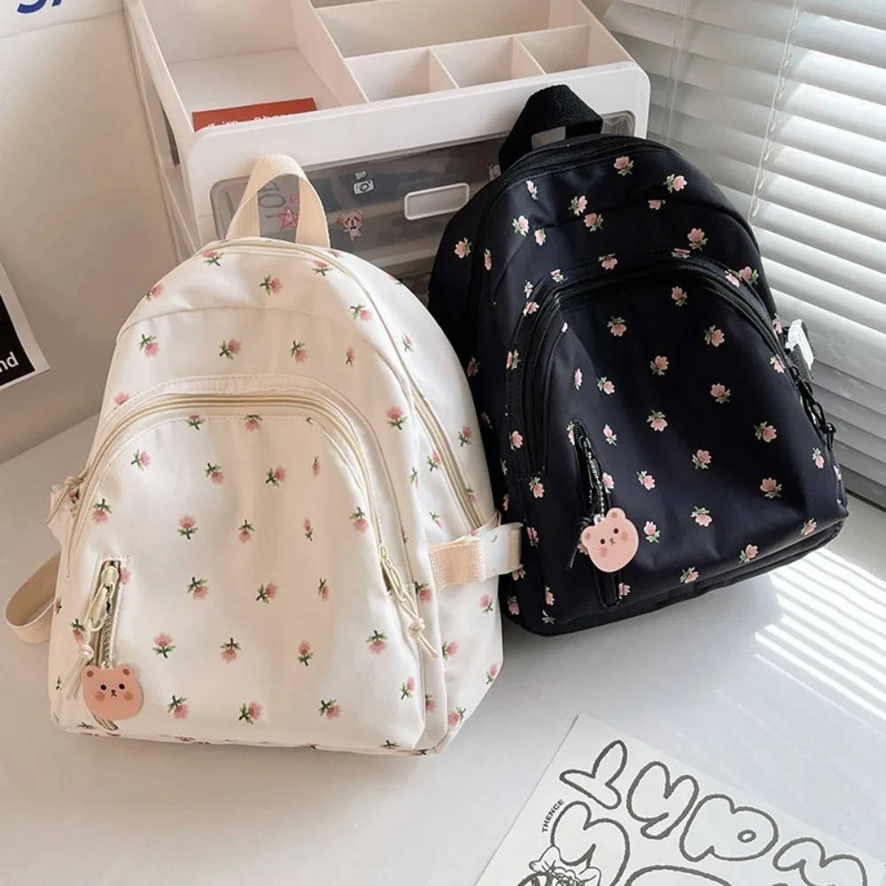 Flower Pattern School Backpack High Quality Large Capacity Canvas Schoolbag Adjustable Shoulder Strap Portable Travel Bag