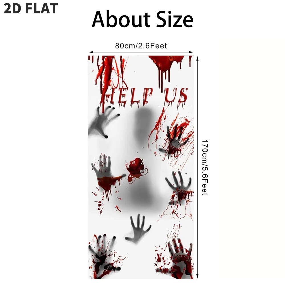 Halloween Window Door Cover, Help Us Quotes Bloody Handprint Door Banner Blood Dripping Splatters Scary Decor, Polyester frabic