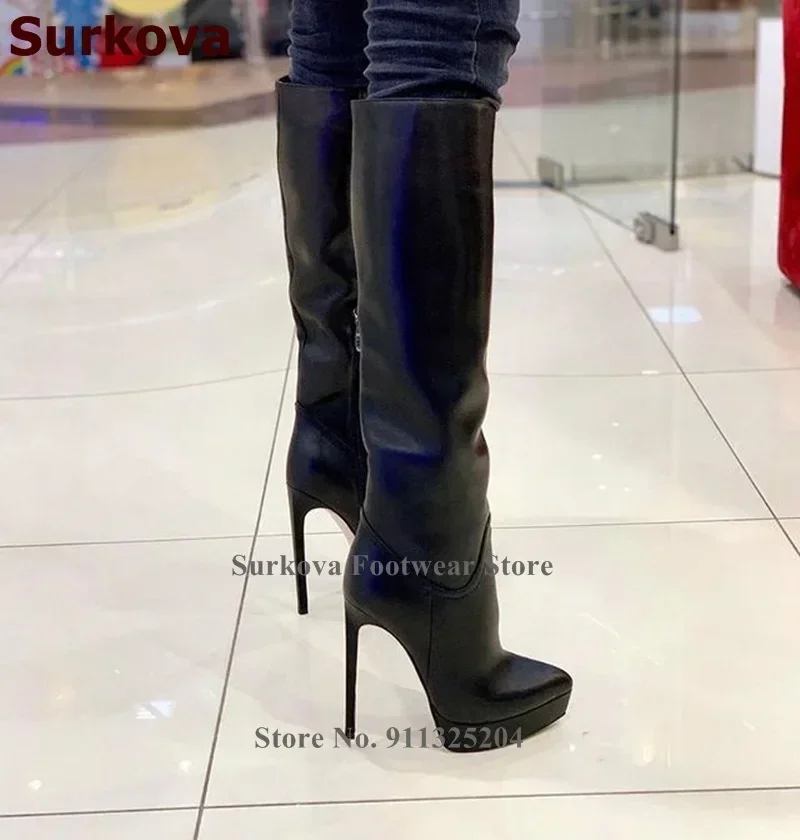 Surkova stivali al ginocchio con plateau tacco alto neri donna elegante gladiatore con cerniera stivali lunghi taglia 46 autunno inverno scarpe