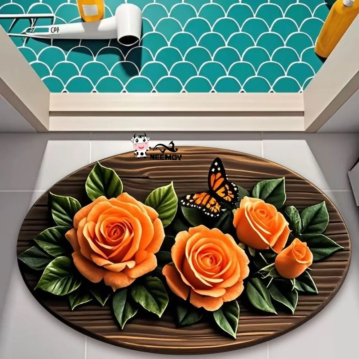 3D Digital Printing Diatomaceous Earth Oval Garden Printing Anti Slip Floor Mat with Pastoral Style Super Absorbent Anti Slip