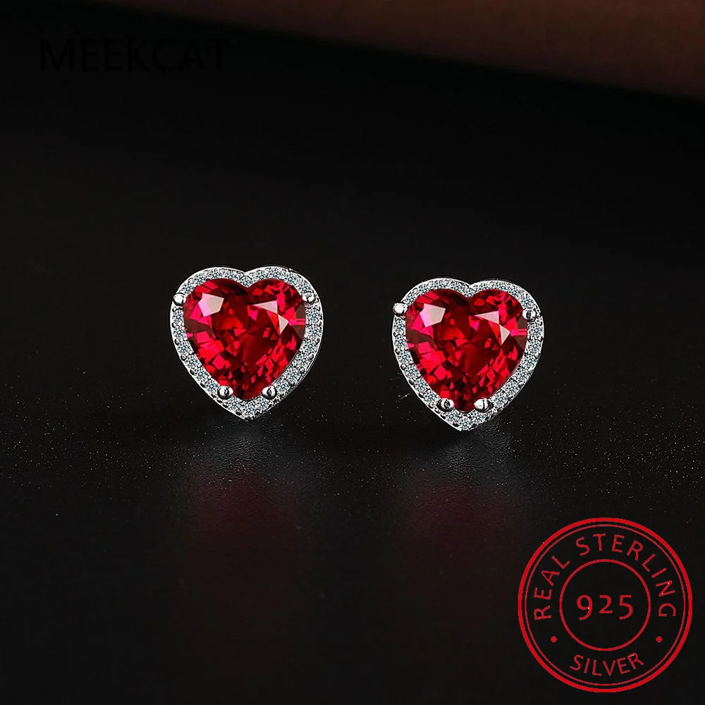 Created Ruby Natural Garnet 925 Sterling Silver Romantic Heart Stud Earrings For Women Fashion Statement Red Gemstone Jewelry