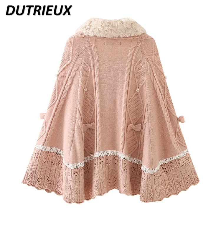 Autumn Winter New Sweet Girl Pastoral Plush Collar Knitted Cloak Women Cute Bow Lolita Soft Girls Shawl Sweater Cardigan Jacket