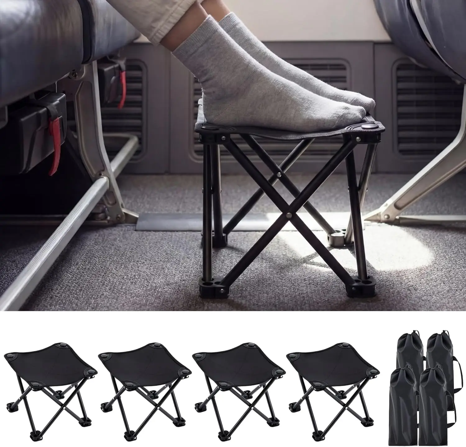 

4 Pack Portable Foot Rest for Airplane Travel, Folding Camping Stool Under Desk at Work with Carry Bag