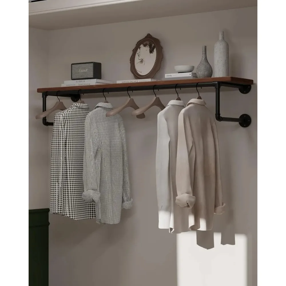 

Clothes Rack 48in, Wall Mounted Garment Racks with Real Wood Shelf, Heavy Duty Hanging Clothes Rack, Multi-Purpose Hanging Rod,