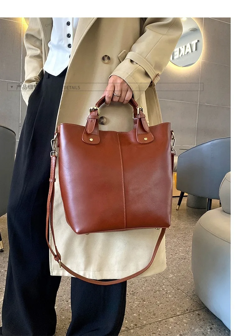 Zency 100% Genuine Leather Women Tote Bag Large Brown Handbag Retro Bucket Bag Classic Lady Crossbody Messenger Purse For Work