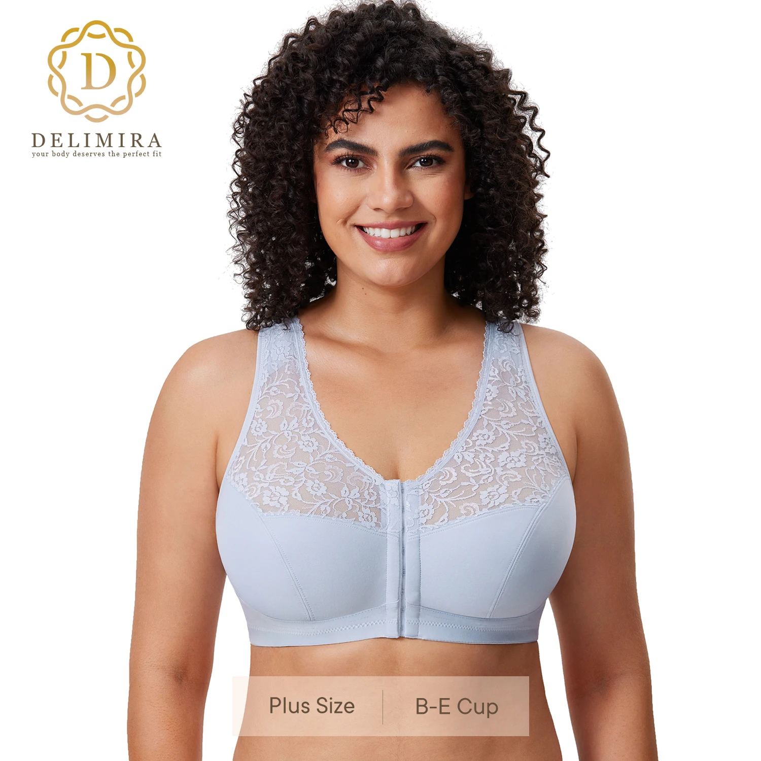 

DELIMIRA Women's Lace Front Closure Bra Racerback Plus Size Full Coverage Wire free